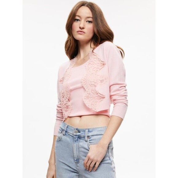 Alice + Olivia Uma Lace Trim Cashmere Open Front Cardigan Pink Sz XS Coquette - Picture 1 of 9